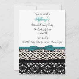 lace aqua damask Sweet 16 party Invitación