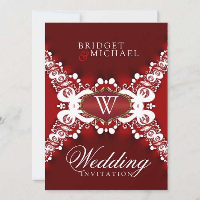 Lace blanco sobre invitaciones de boda únicas roja (Anverso)