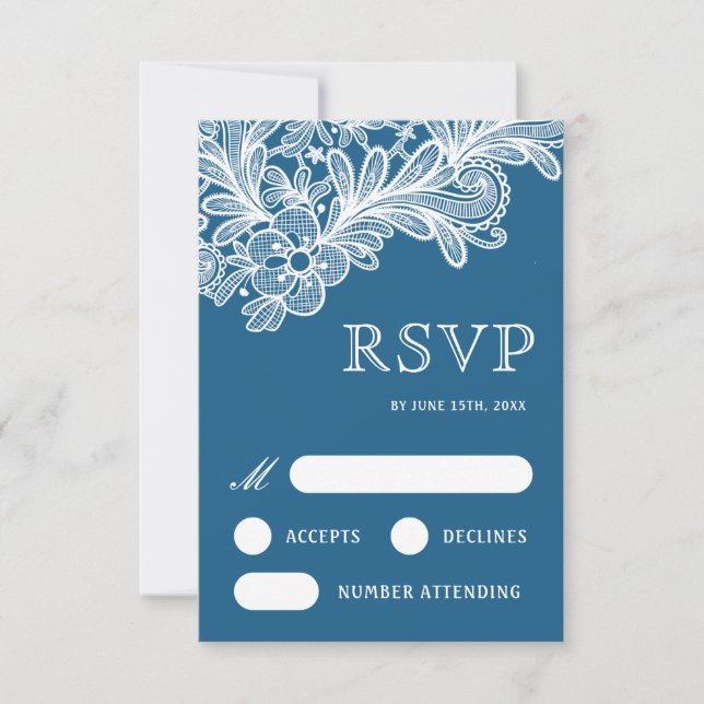 Lace blanco sobre la tarjeta RSVP de la boda azul (Anverso)
