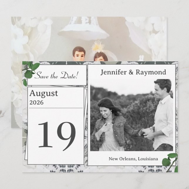 Lace blanco y Rosa deja la tarjeta de fecha (Anverso / Reverso)