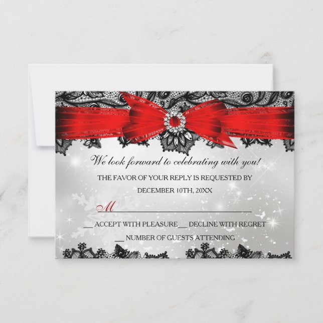 Lace & Bow Plata Roja Navidad RSVP (Anverso)