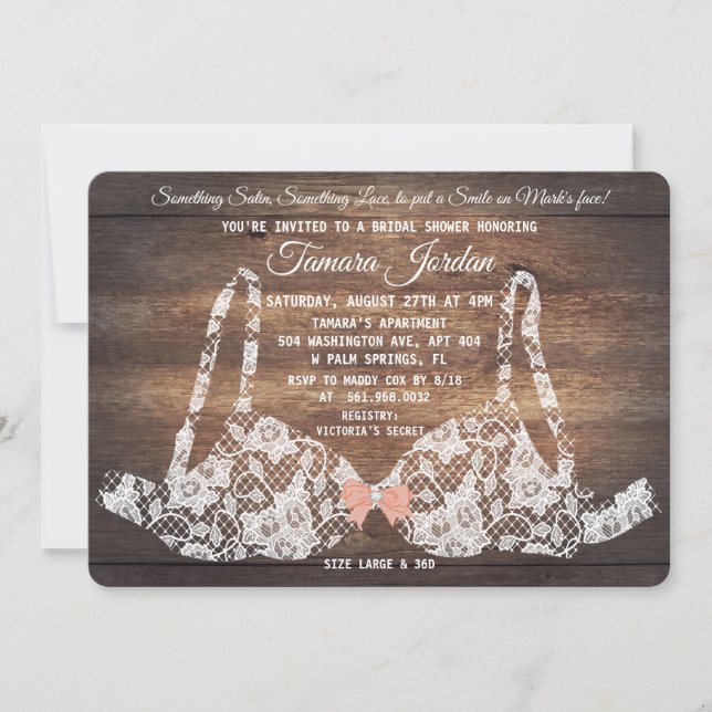 Lace Bra Lingerie Shower Rustic Wood Invitación (Anverso)