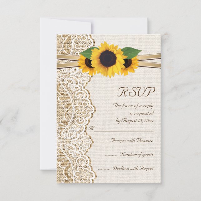 Lace, cinta y girasoles en la boda de burlap RSVP (Anverso)