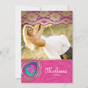 Lace Peacock Grad Invitación Zebra Rosa