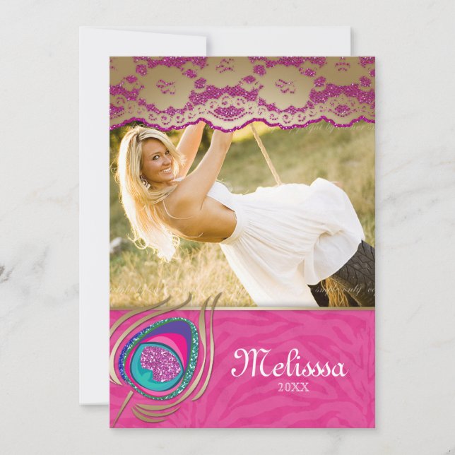 Lace Peacock Grad Invitación Zebra Rosa (Anverso)