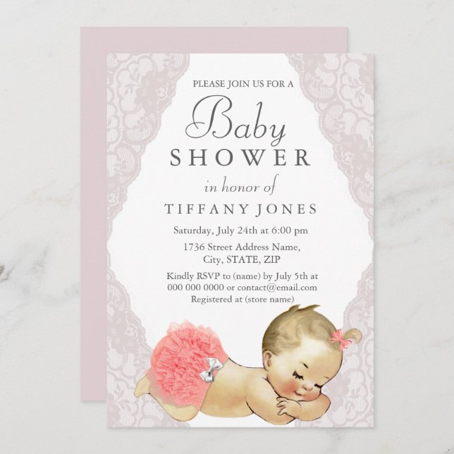 Lace Rosa Es Una Invitación De Baby Shower Chica V (Anverso / Reverso)