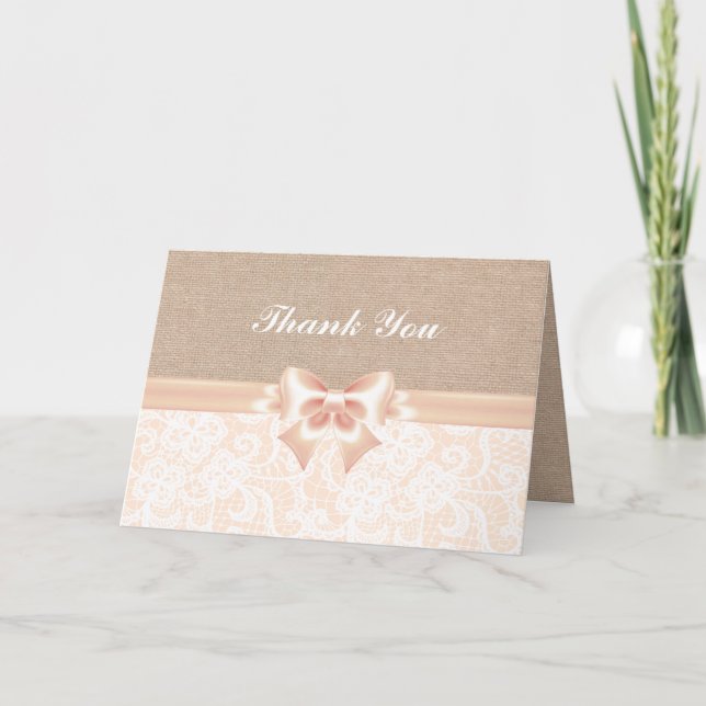 Lace y burlap Peach Tarjeta de agradecimiento (Anverso)