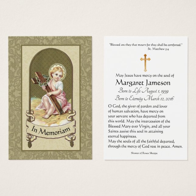 Lactante Jesús Católico Funeral Memorial Tarjeta S (Anverso y reverso)