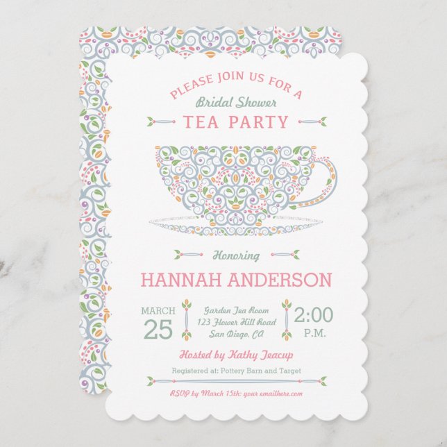 Lacy Teacup Bridal Shower Tea Party Invitación II (Anverso / Reverso)