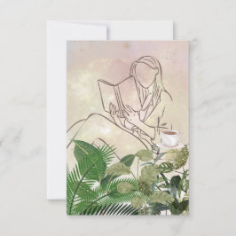 Lady Reading con plantas y tarjeta de café