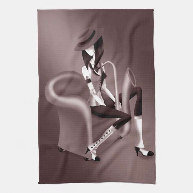 Lady saxofonista - Toalla de té inspirada en el ja (Vertical)