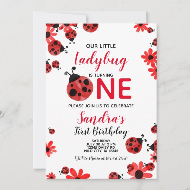 Ladybug 1ª Invitación a cumpleaños de una niña (Anverso)