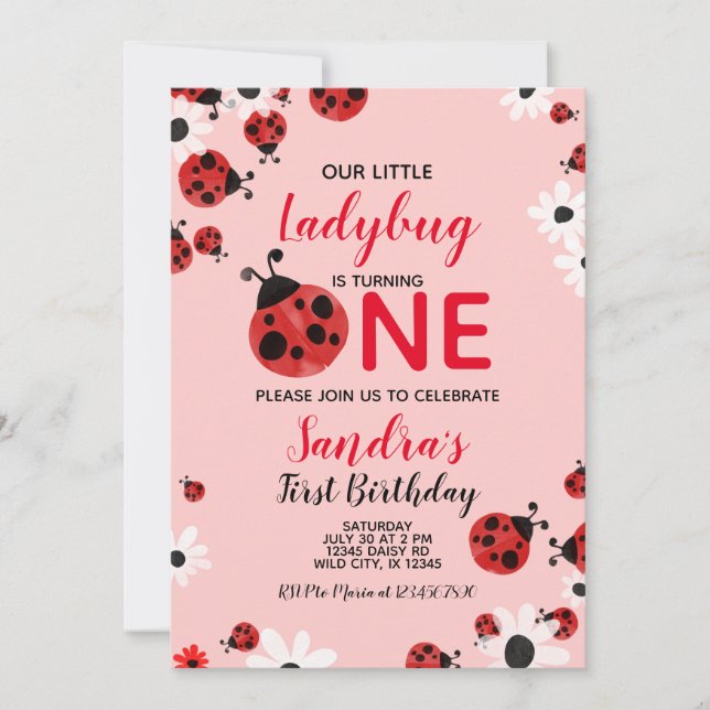 Ladybug 1ª Invitación a cumpleaños de una niña (Anverso)
