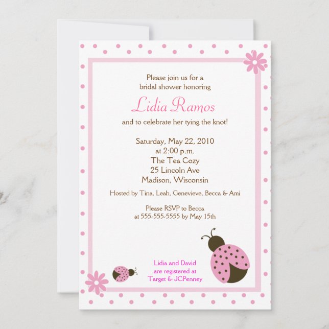 Ladybug Flower Dot 5x7 Invitación a ducha de novia (Anverso)