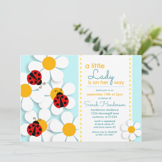 Ladybugs and Daisies Baby Shower Invitaciones (Anverso de pie)