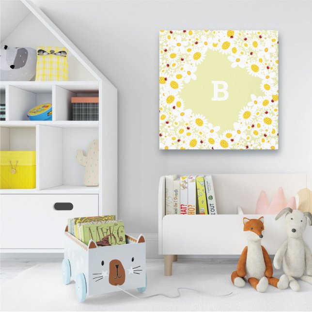 Ladybugs Chicas de arte de lienzos (White Daisies and Ladybugs With Monogram Girl's Nursery / Kid's Room Canvas Wall Art @ fat_fa_tin)