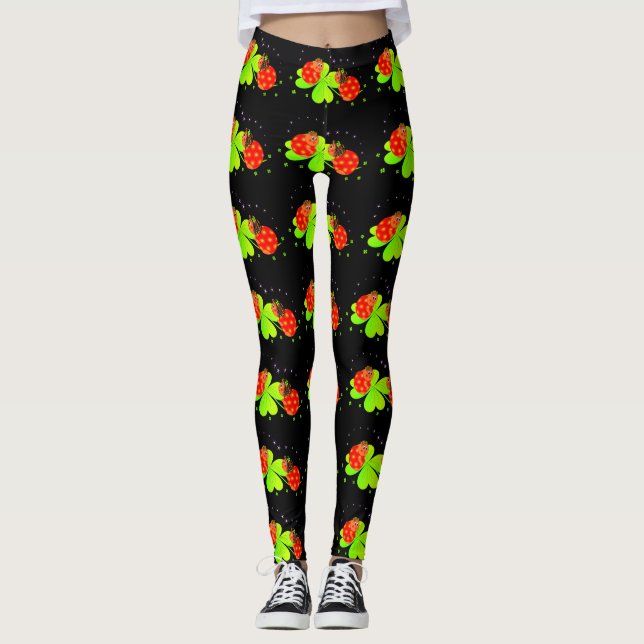 Ladybugs en el patrón Shamrock Black Leggings (Anverso)