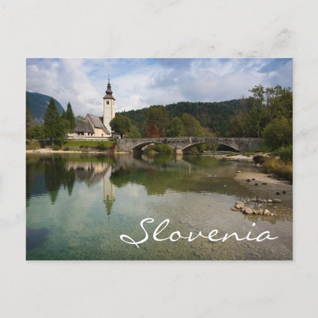 Lago Bohinj con iglesia en Eslovenia postal de tex (Anverso)