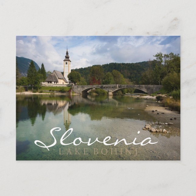 Lago Bohinj con iglesia, tarjeta de texto doble de (Anverso)