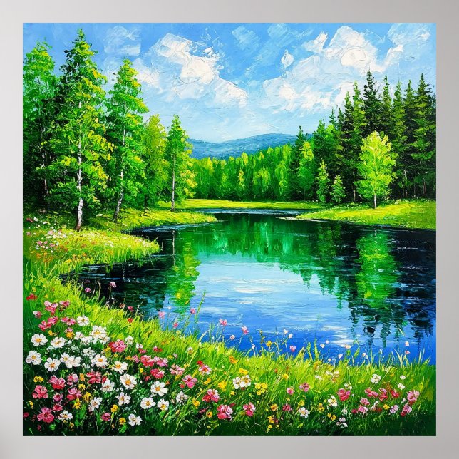 Lago en exuberante bosque para decoración de hogar (Frente)