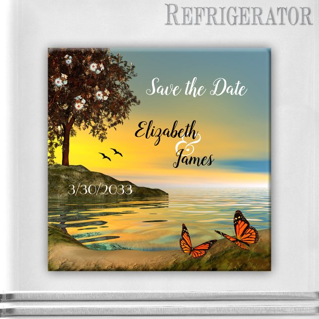 Lago Sunset con mariposas Salven el imán de la fec (Save the Date magnet featuring a coastal landscape with a blossoming tree and butterflies at sunset)