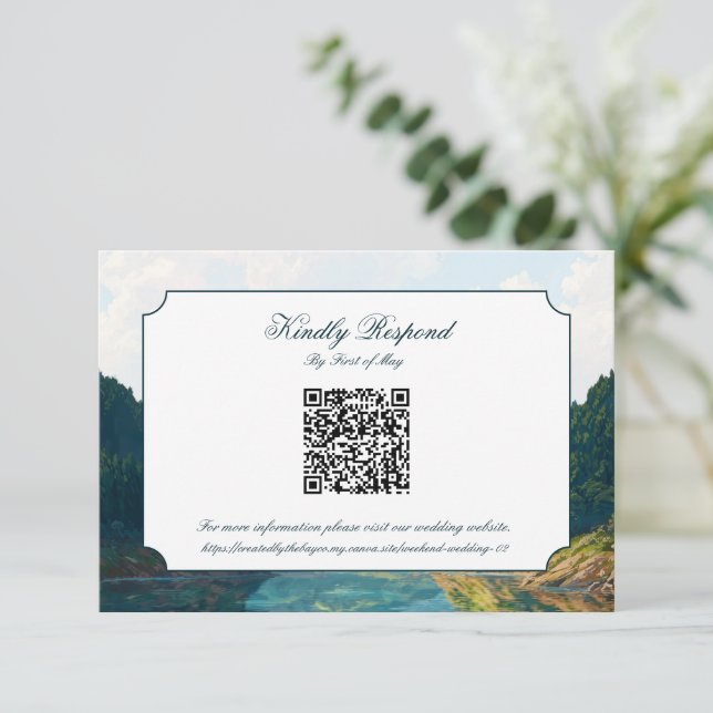 Lakeside Mountain Valley Wedding QR code RSVP Card (Anverso de pie)