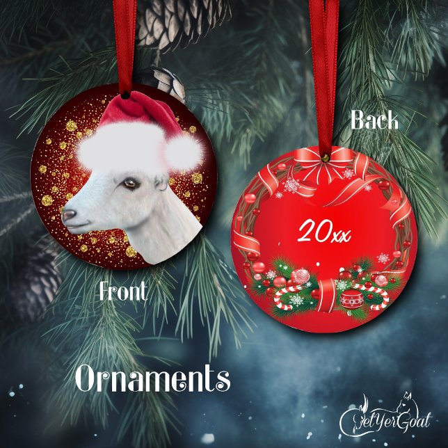LaMancha Cabra Santa Hat Ornamento de Navidad (Oil portrait of a pretty LaMancha dairy goat , Santa hat , gold snowflakes,  dated #zazzlemade )