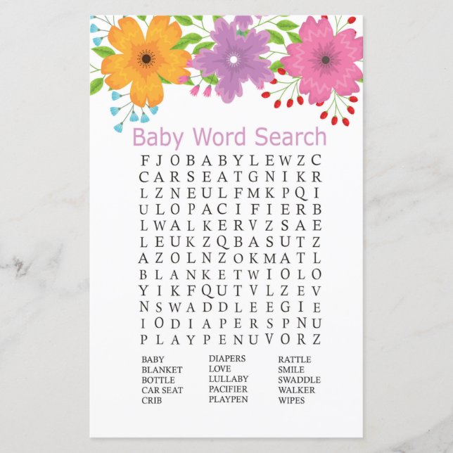 Lámina С usar flores Baby Shower Word Search Game (Anverso)