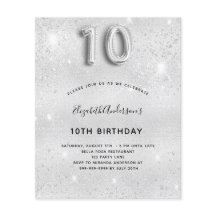 10.ª invitación purpurina de plata por cumpleaños