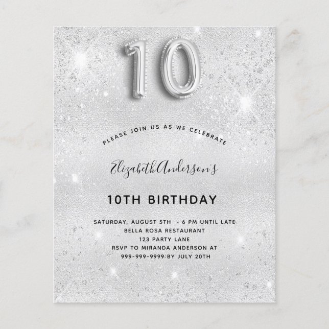 Lámina 10.ª invitación purpurina de plata por cumpleaños (Anverso)