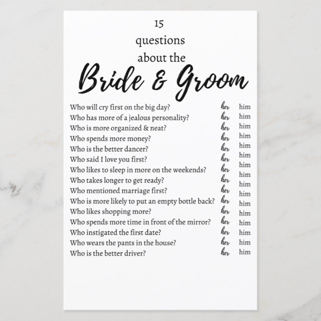 Lámina 15 Questions About the Bride & Groom Wedding Game  (Anverso)