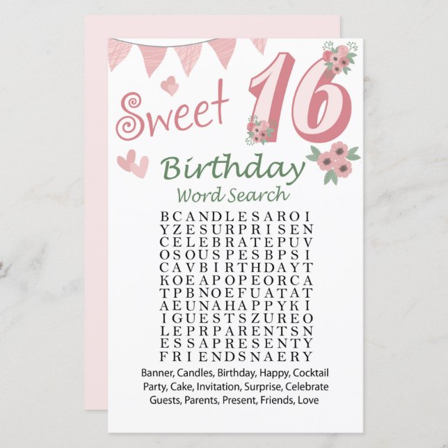 Lámina 16.º juego de búsqueda de palabras de cumpleaños (Anverso / Reverso)