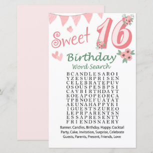 Lámina 16.º juego de búsqueda de palabras de cumpleaños