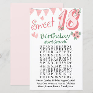 Lámina 18.º juego de búsqueda de palabras de cumpleaños