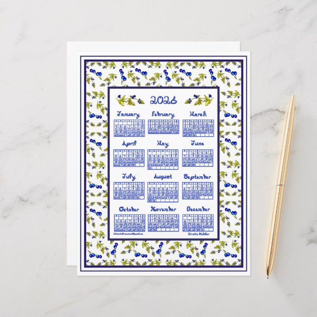 Lámina 2026 Calendar Blueberries Stem Leaves Fabric Font (Anverso/Reverso In Situ)