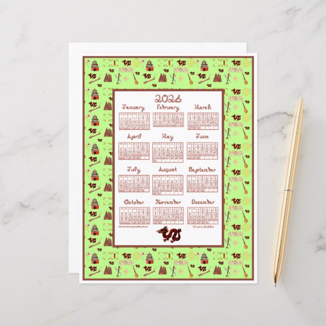 Lámina 2026 Calendar Fabric Font Chinese Favorites Jade (Anverso/Reverso In Situ)