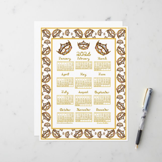 Lámina 2026 Calendar Queen Hearts Gold Crown Fabric Font (Anverso/Reverso In Situ)