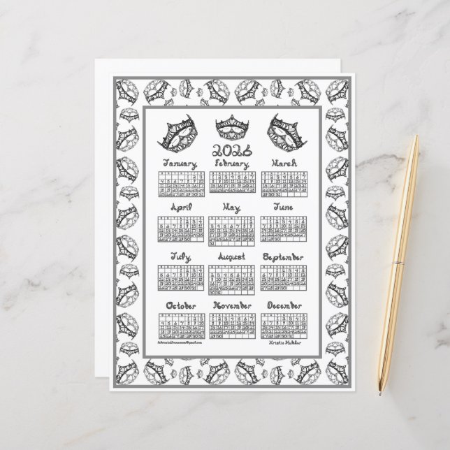 Lámina 2026 Calendar Queen of Hearts Silver Tiara Fabric  (Anverso/Reverso In Situ)