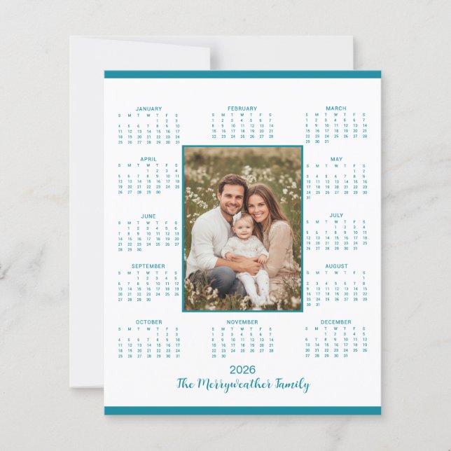 Lámina 2026 Teal Blue Photo Calendar Holiday Card (Anverso)