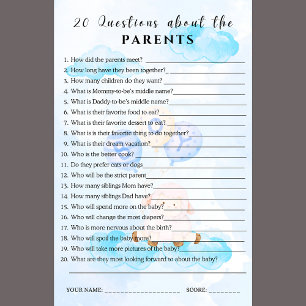 Lámina 20 cosas sobre el juego de Baby Shower de los padr