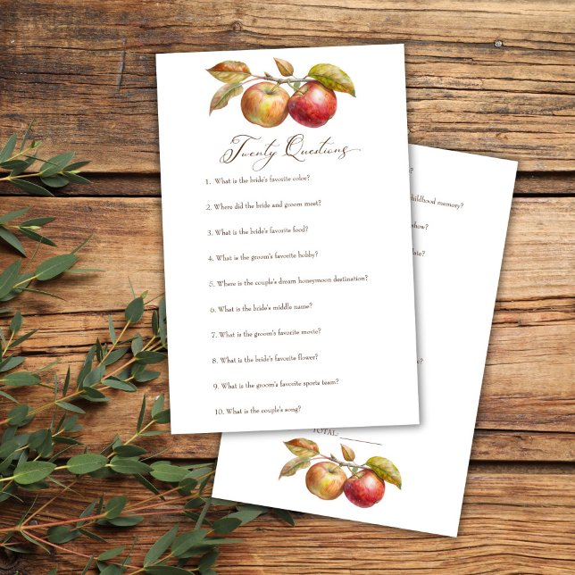 Lámina 20 preguntas apple fall brileras juego de ducha (Twenty questions apple fall bridal shower game card appley ever after bridal shower games)