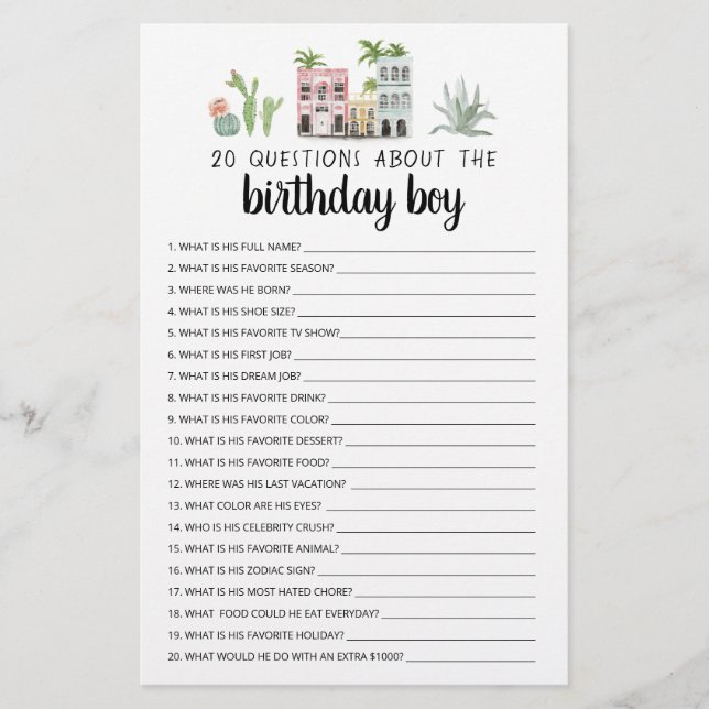 Lámina 20 Preguntas Sobre El Cumpleañero Juego Editable (Anverso)