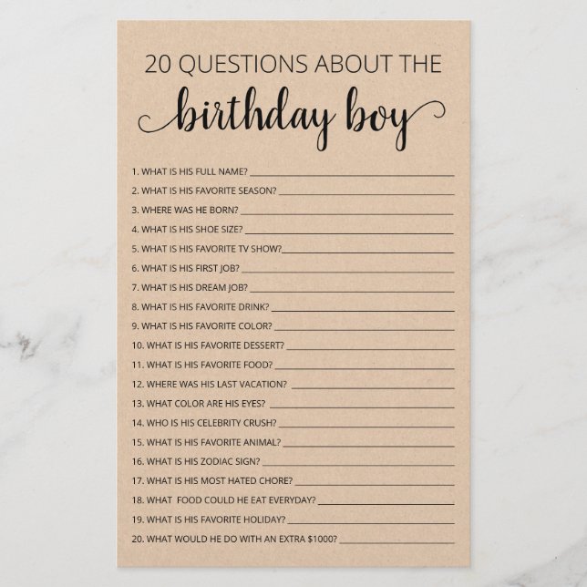 Lámina 20 preguntas sobre el juego Birthday Boy (Anverso)