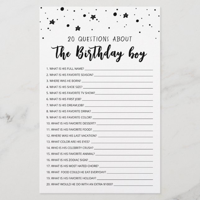 Lámina 20 preguntas sobre el juego Birthday Boy (Anverso)