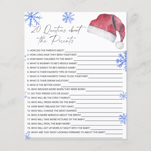 Lámina 20 Preguntas sobre el juego de la ducha de bebé pa (Anverso)