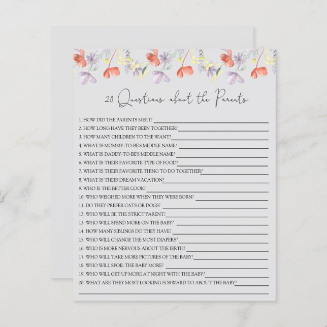 Lámina 20 Preguntas sobre el juego de la ducha de bebé pa (Anverso / Reverso)