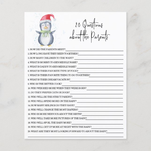 Lámina 20 Preguntas sobre el juego de la ducha de bebé pa (Anverso)