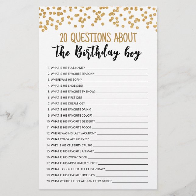 Lámina 20 Preguntas Sobre El Juego Editable Birthday Boy (Anverso)