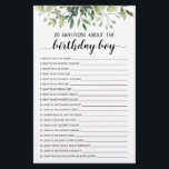 Lámina 20 Preguntas Sobre El Juego Editable Birthday Boy<br><div class="desc">Compra este juego de vegetación editable y disfruta de la tarjeta de alta calidad 20 preguntas sobre el Birthday Boy para tu evento! Esta es una plantilla de juego,  ¡Puedes cambiar las preguntas como quieras! Diseño temático de acuarela.</div>