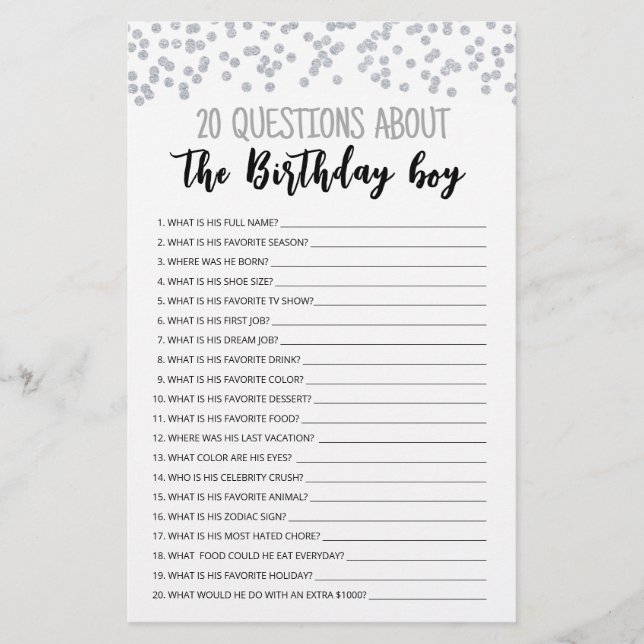 Lámina 20 Preguntas Sobre El Juego Editable Birthday Boy (Anverso)